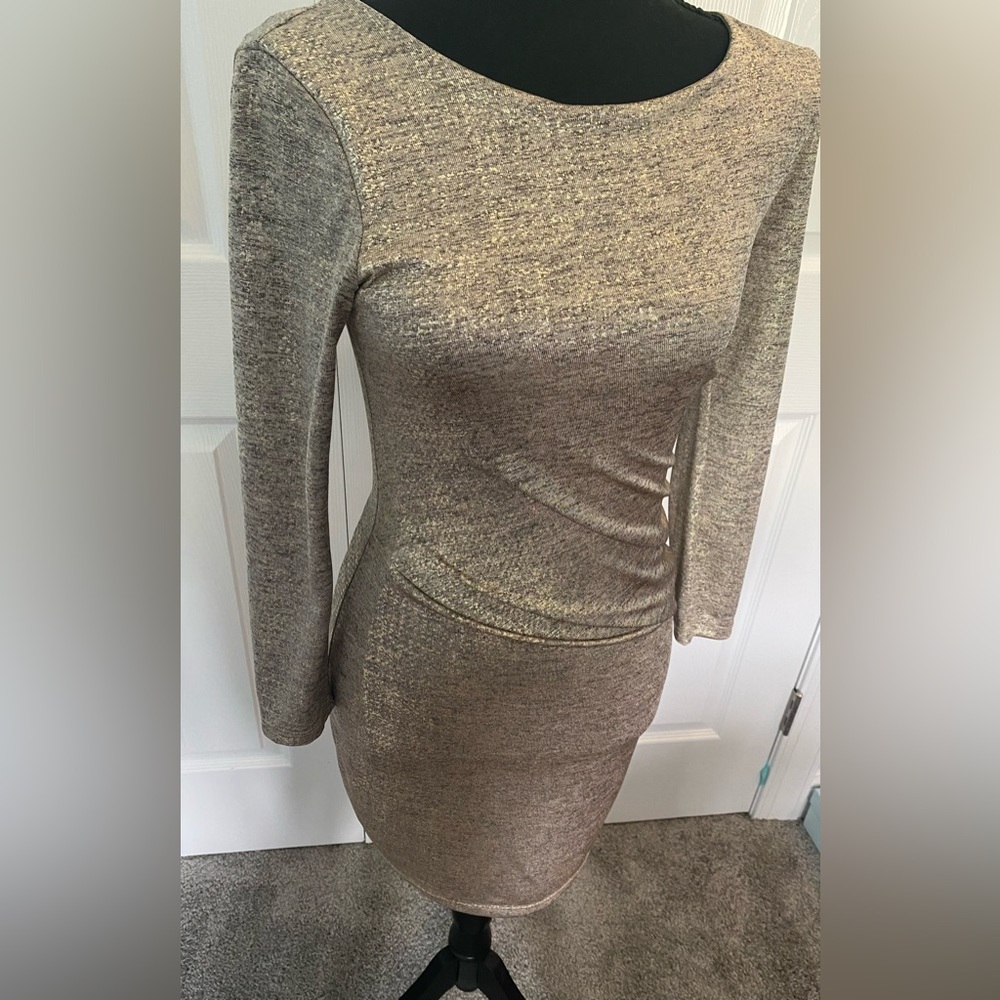 LuLus Small Long Sleeved Metallic Gold Body-Con Dress with Ruche at the waist.